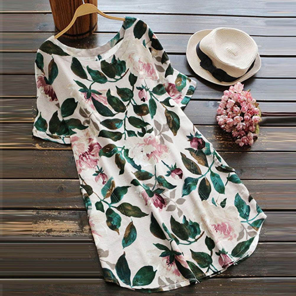 Summer Women Floral Print Short Sleeve Long Shirt Plus Size Loose Mini Dress