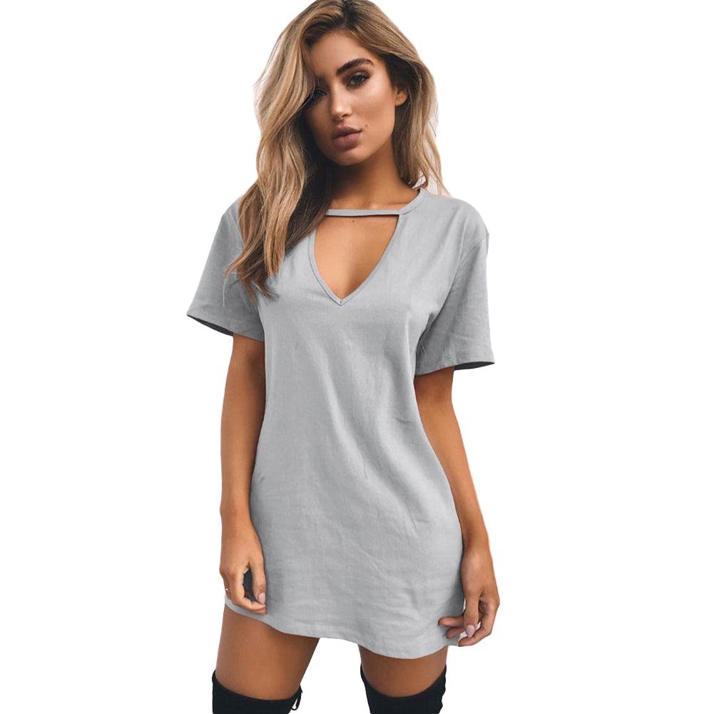 Casual Women Short Sleeve Long T-shirt Tee Dress Solid Color Hollow V-Neck Top