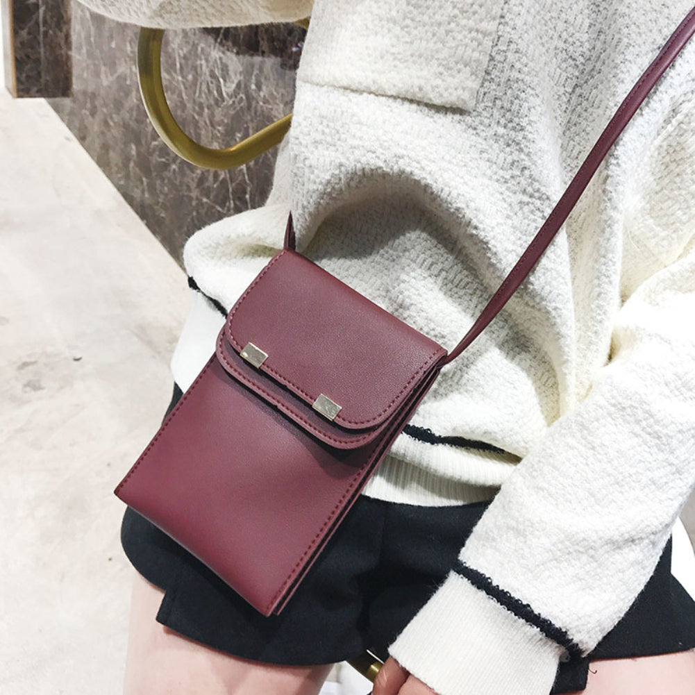 Fashion Women Solid Color Double Layer Faux Leather Rectangle Crossbody Bag