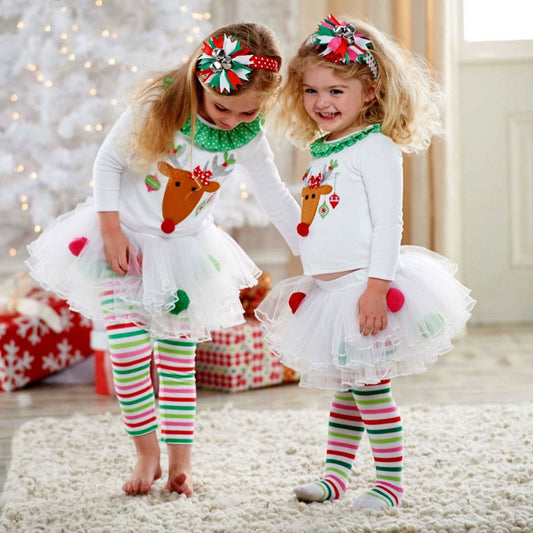 Christmas Kids Baby Girls Reindeer Top Stripe Tutu Pantskirt Set Clothes Outfits