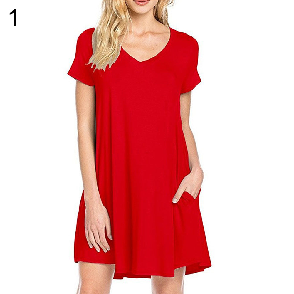 Women's Casual Simple Plain Side Pockets Summer Loose V-Neck T-shirt Dress