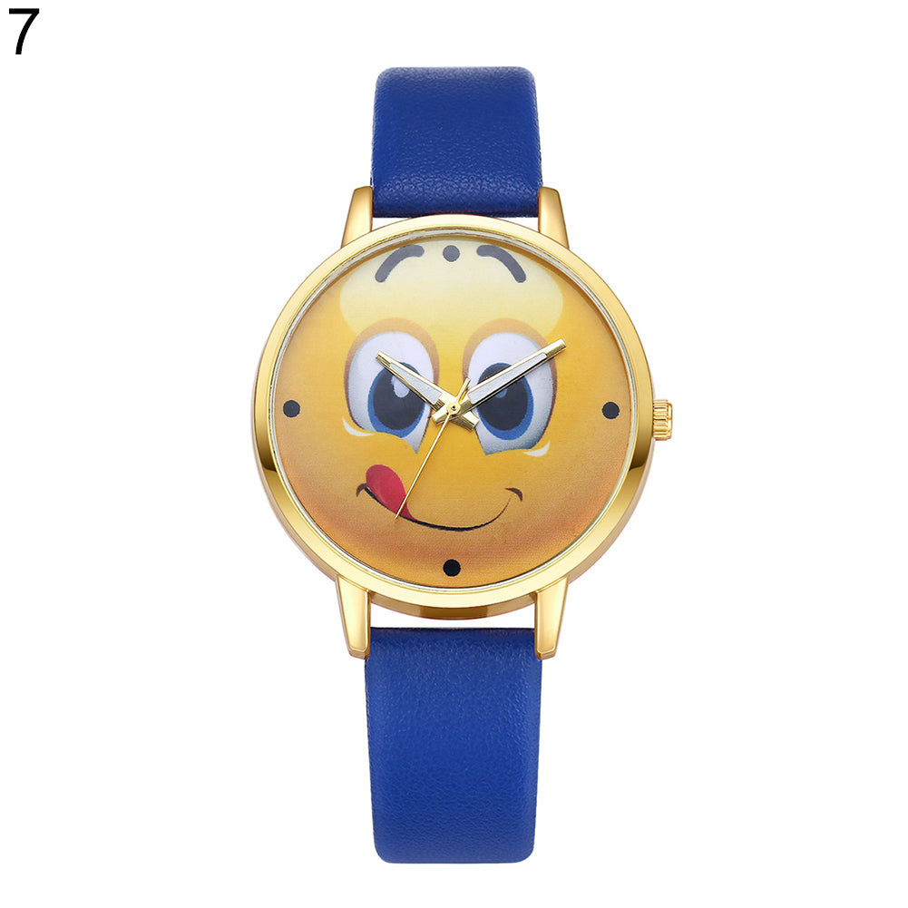 Lady Stylish Lovely Greedy Face Emoji Faux Leather Band Analog Wrist Watch