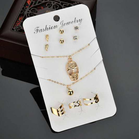 Women's Fashion Skull Necklace Ear Studs Ring Bangle Bracelet Jewelry Set Gift