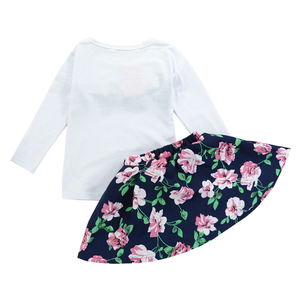 Kid Girls Fashion Spring Love Flowers Printed Long Sleeve Shirt Skirt Outfits