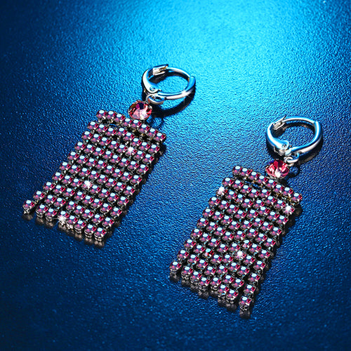 Silver Plated Long Rhinestone Tassels Rectangle Mesh Dangle Women Retro Earrings
