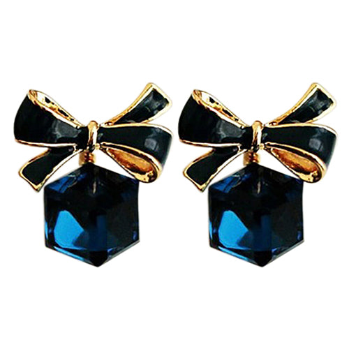 1 Pair Women's Fashion Cute Bowknot Cube Crystal Rhinestone Ear Studs Earrings