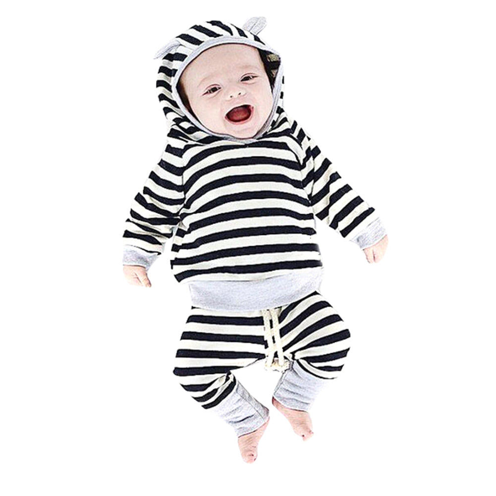Newborn Baby Boys Girls Outfit Striped Hooded Top Long Sleeve T-Shirt + Pants