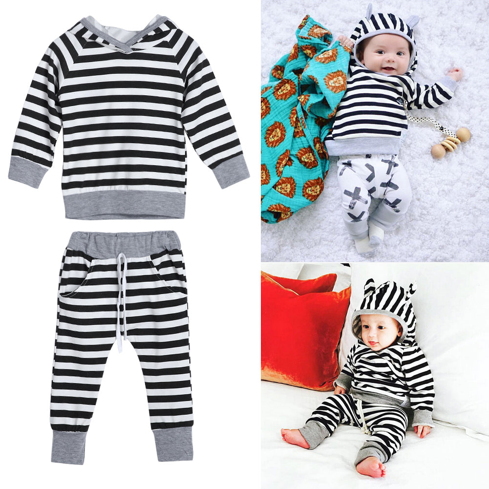 Newborn Baby Boys Girls Outfit Striped Hooded Top Long Sleeve T-Shirt + Pants