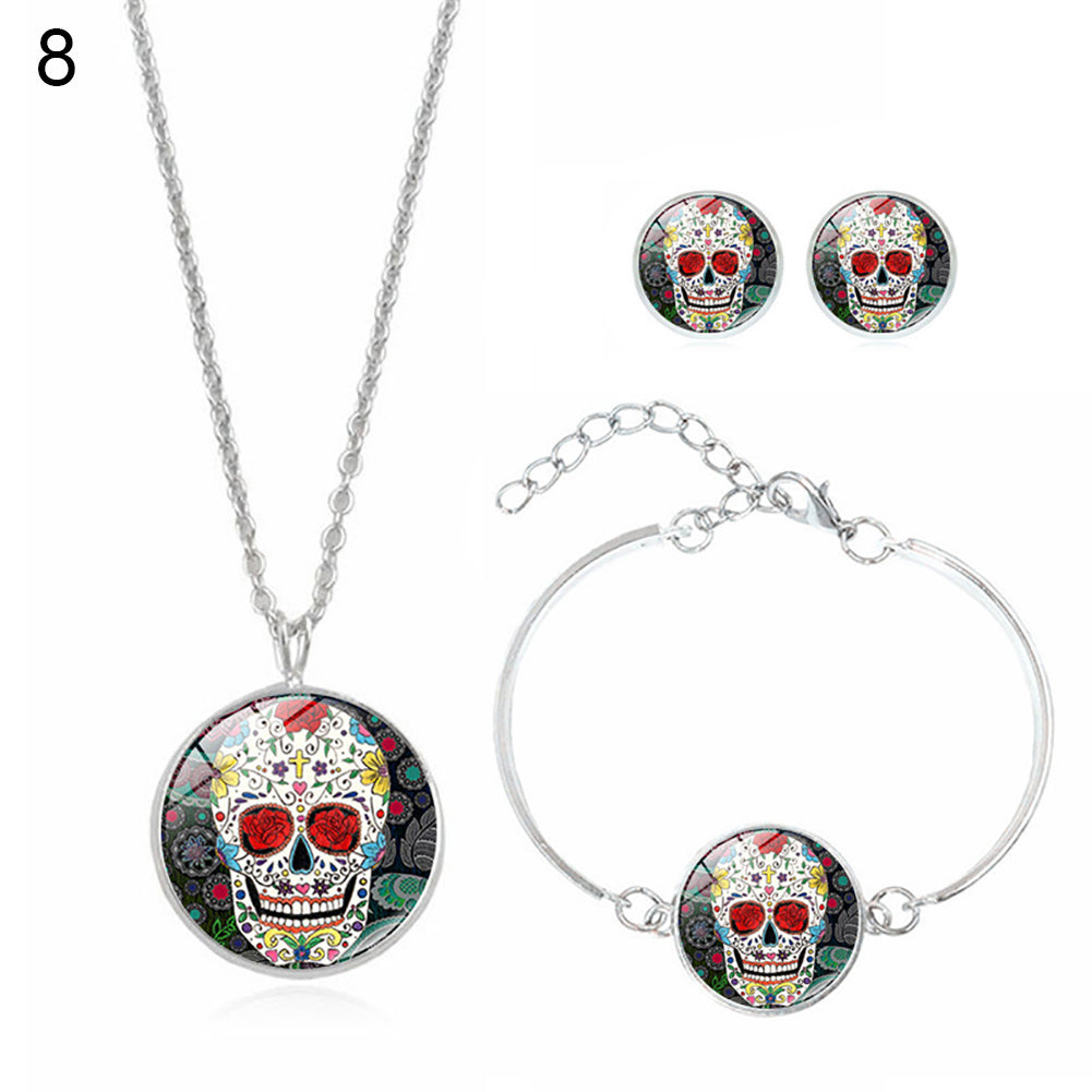 Fashion Women Skull Rose Earrings Necklace Bracelet Halloween Accessories Set