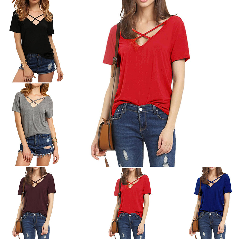 Fashion Women Deep V-neck Crossed Strap Short Sleeve T-shirt Casual Tee Shirt