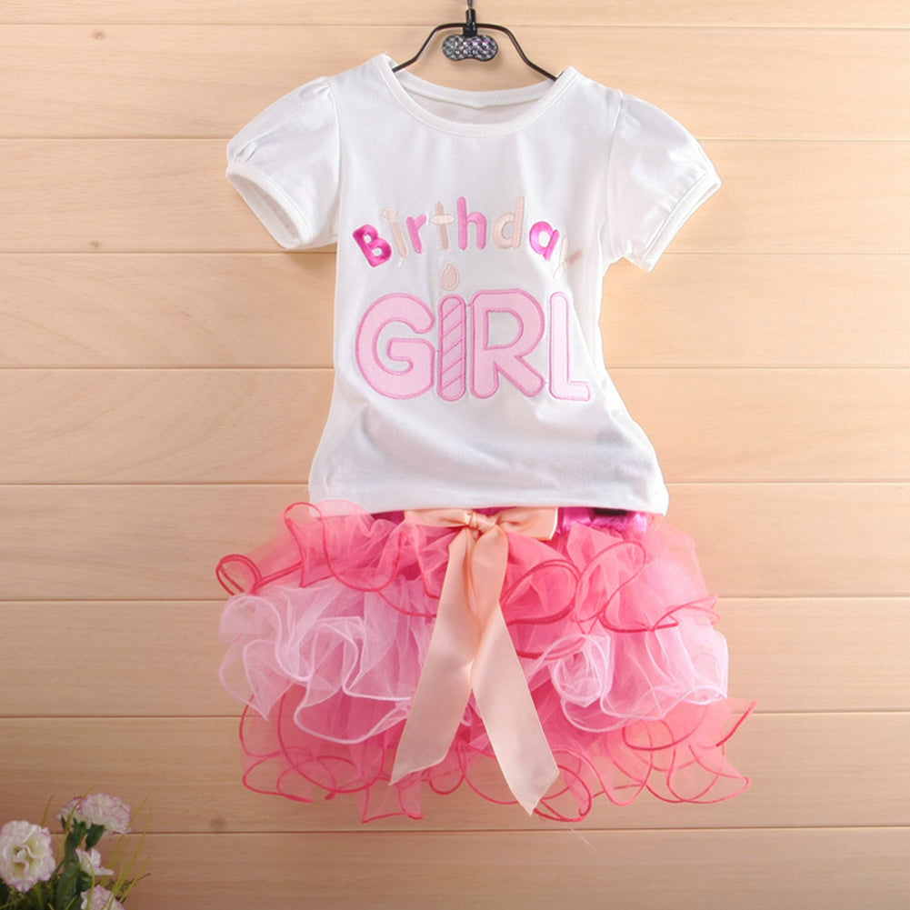 Cute Baby Girl Newborn Birthday Letter Print Bowknot Layer Tutu Skirt Outfit Set