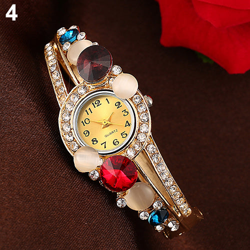 Women Retro Hollow Faux Opal Rhinestone Inlaid Cuff Bangle Wrist Watch