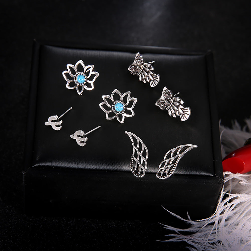 4 Pairs Vintage Hollow Owl Flower Cactus Ear Stud Earrings Women Girl Jewelry