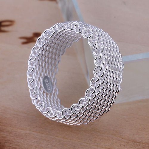 Women Wide Net Woven Mesh Style Finger Ring Silver Plated Jewelry Charms Gift