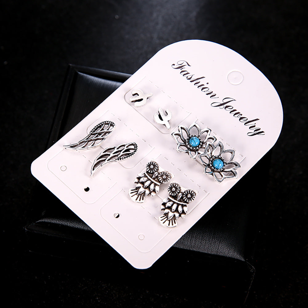 4 Pairs Vintage Hollow Owl Flower Cactus Ear Stud Earrings Women Girl Jewelry