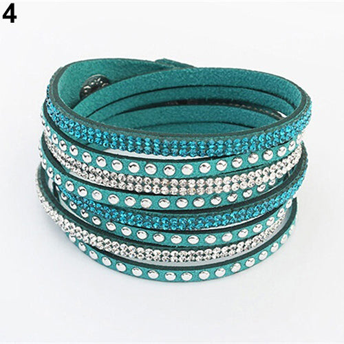 Women's Multilayer Faux Leather Punk Rhinestone Cuff Bracelet Bangle Wristband