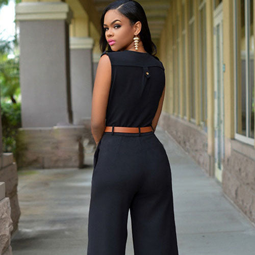 Women Fashion Elegant Jumpsuit Sexy V-neck Wide Leg Slim Casual Overalls with Belt