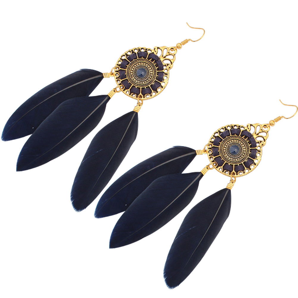 Vintage Women Long Feather Round Hollow Circle Hook Earrings Party Jewelry Gift