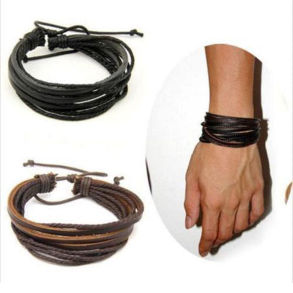 Vintage Men's Women's Faux Leather Multilayer Bracelet Bangle Wristband Jewelry
