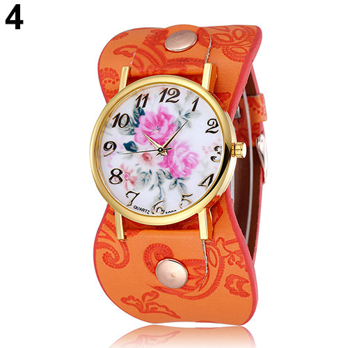 Women's Arabic Numerals Peony Floral Dial Wide Faux Leather Bracelet Wrist Watch