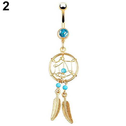 Gold-tone Dream Catcher Feather Rhinestone Beads Belly Button Navel Ring Barbell