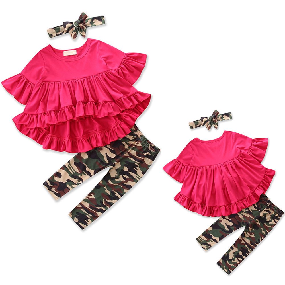 Summer Ruffle Top Blouse Camouflage Leggings Bowknot Headwear Baby Girl Outfit