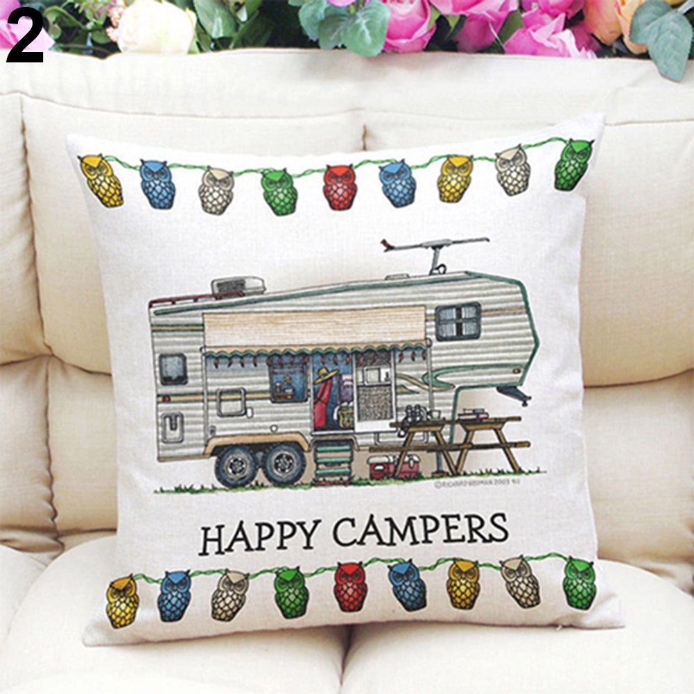 Happy Campers Soft Linen Pillow Sofa Case Waist Throw Cushion Cover Home Decor