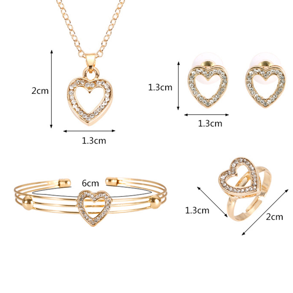 Women Hollow Heart Necklace Earrings Opening Bangle Ring Love Gift Jewelry Set