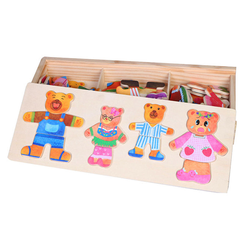 Wooden Baby Bear Changing Clothes Puzzle Set Children Kids Educational Toys Gift