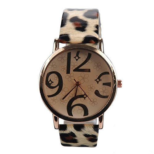 Women's Casual Flowers Big Numbers Dial Faux Leather Strap Quartz Wrist Watch