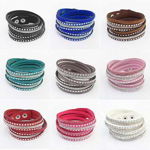 Women's Multilayer Faux Leather Punk Rhinestone Cuff Bracelet Bangle Wristband