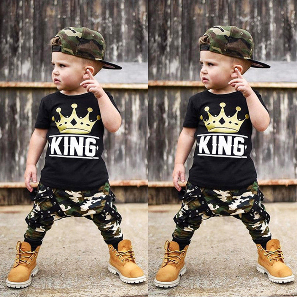 Newborn Kids Baby Boys King Crown Print T-Shirt Top Camo Pants Summer Outfit Set