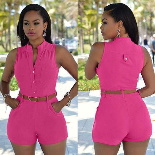 Sexy Women One Piece Button-Front High Waist V-Neck Rompers Jumpsuit with Belt
