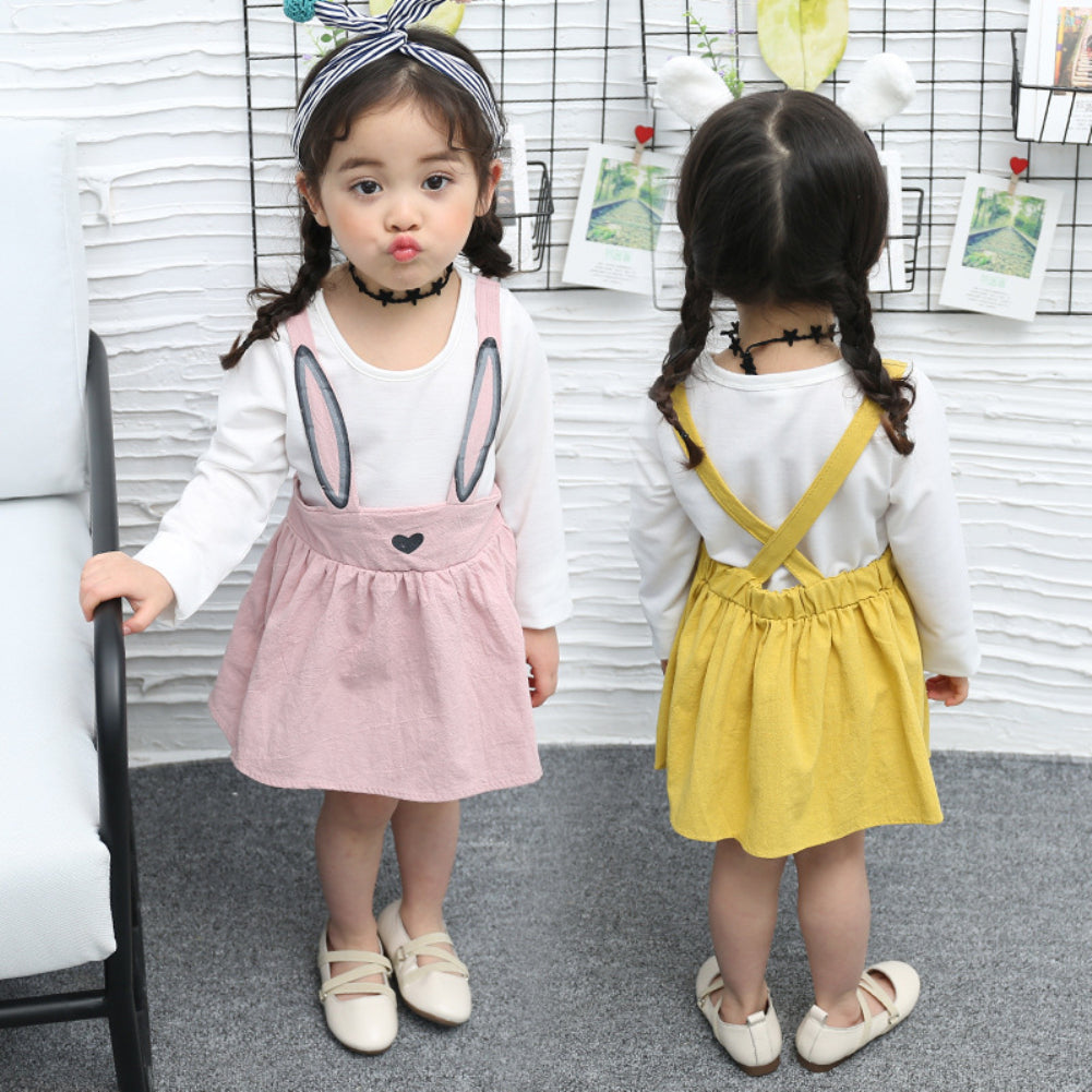 Autumn Spring Baby Kids Toddler Girl Cute Bunny Ears Braces Mini One Piece Dress