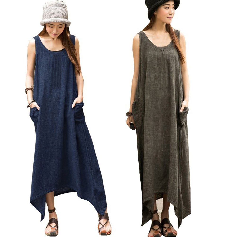 Boho Plus Size Sleeveless Casual Loose Solid Color Irregular Hem Long Maxi Dress