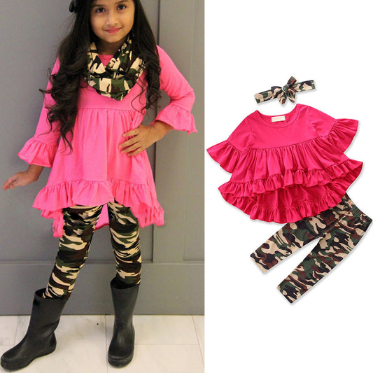 Summer Ruffle Top Blouse Camouflage Leggings Bowknot Headwear Baby Girl Outfit