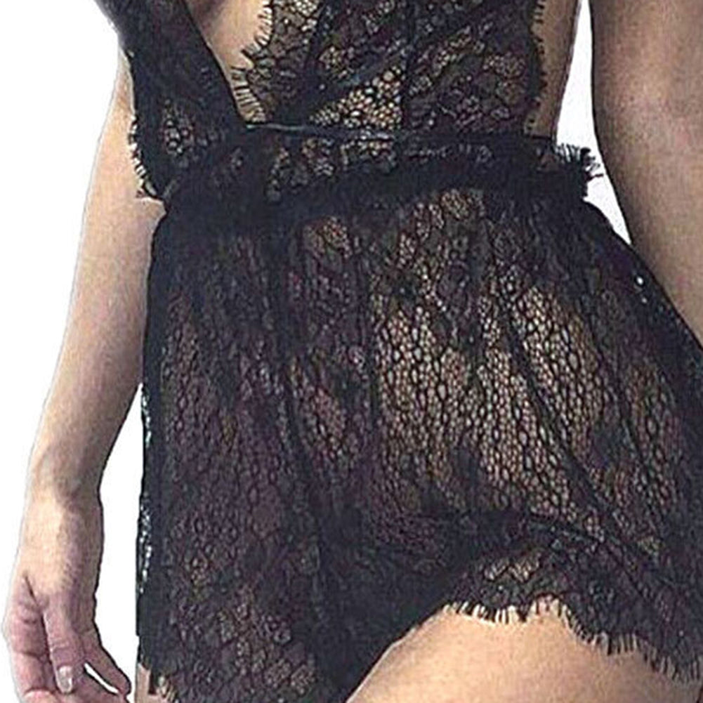 Women Sexy Deep V-Neck Halter See Through Lace Sleepwear + G-String Underwear