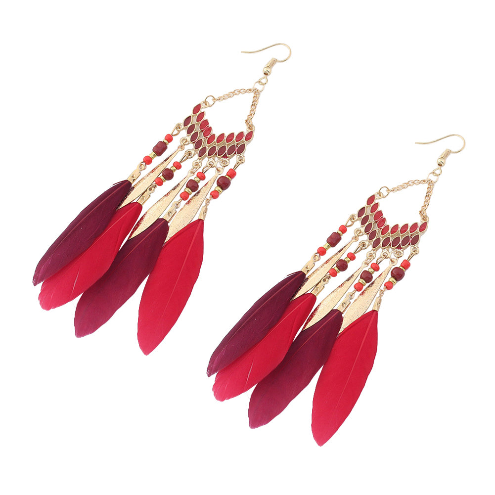 Women Feather Dangle Bohemian Ethnic Tassels Beads Drop Hook Earrings Jewelry