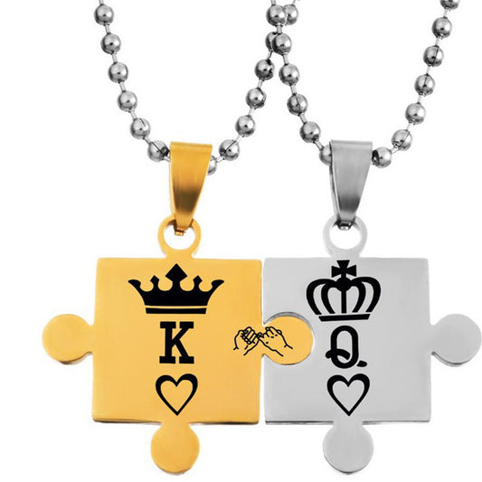 K Q Crown Puzzle Style Pendant Titanium Steel Couple Necklace Jewelry Gift