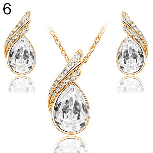 Women's Party Banquet Waterdrop Jewelry Set Crystal Pendant Necklace Earrings Golden Tone