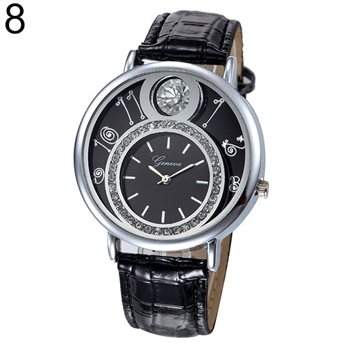 Women's Luxury Rhinestone Round Dial Faux Leather Strap Quartz Wrist Watch