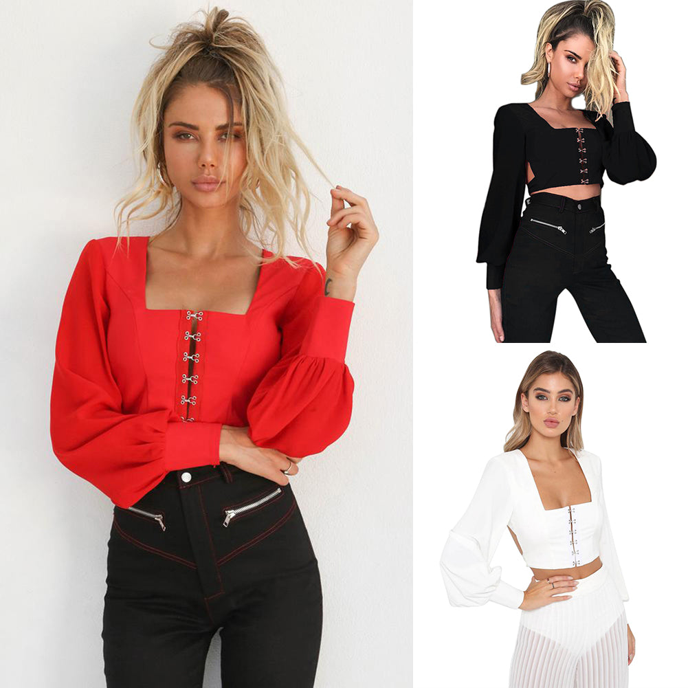 Fashion Women Solid Color Long Sleeve Summer Backless Bandage Crop Top Blouse
