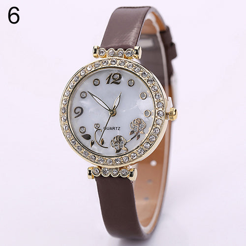 Women's Flower Rhinestone Watch Fine Faux Leather Strap Quartz Gift Wristwatch