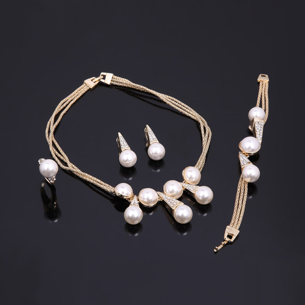 Wedding Bridal Necklace Earrings Bracelet Ring Faux Pearl Fashion Jewelry Set