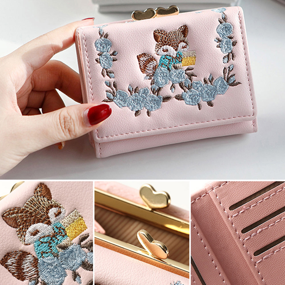 Lovely Faux Leather Little Fox Floral Embroidery Short Wallet Women Purse Gift