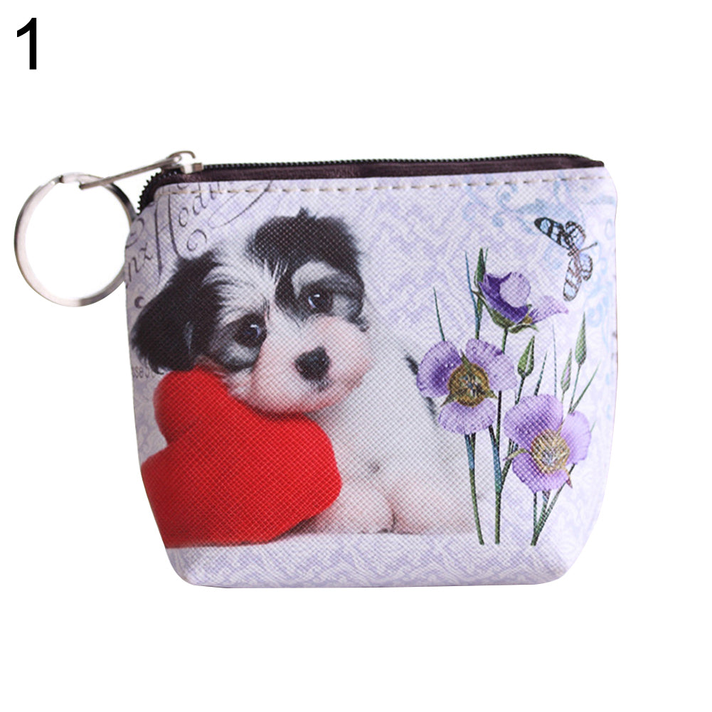 Women Girl Cute Dog Cat Faux Leather Clutch Short Coin Purse Zipper Wallet Gift