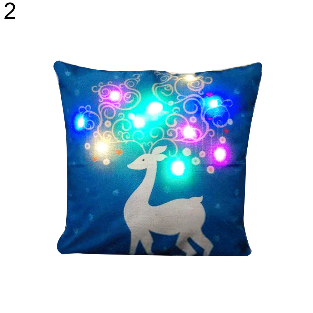 Deer Christmas Pillow Case LED Lighting Linen Cushion Cover Sofa Home Decor