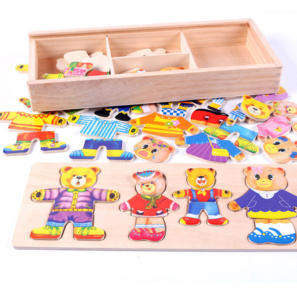 Wooden Baby Bear Changing Clothes Puzzle Set Children Kids Educational Toys Gift