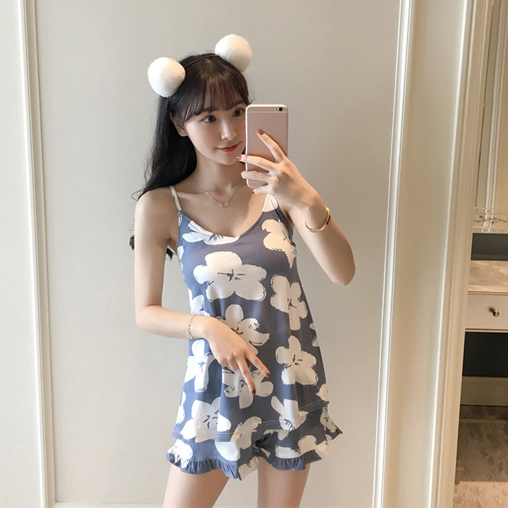 Fashion Lovely Flower Floral Sleeveless Top Shorts Women Sleepwear Pajamas Set