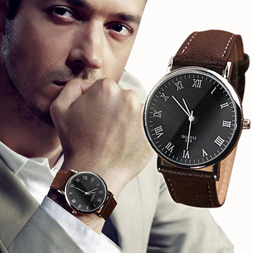 Men Fashion Faux Leather Band Roman Numerals Quartz Analog Sport Wrist Watch